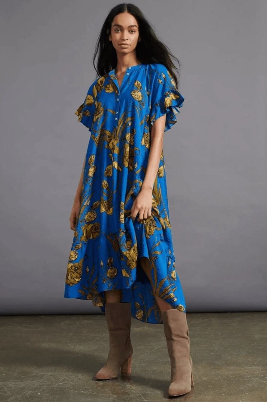 ANTHROPOLOGIE Antoinette Maxi Dress Blue Golden Floral Sz M $178 {3H46}